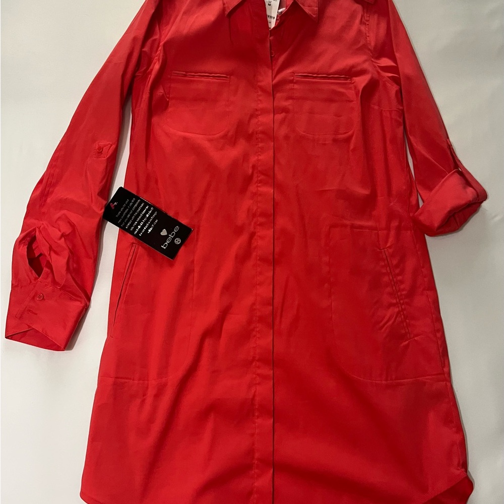 Bebe Red Maxi Dress with Long Sleeves and Collar